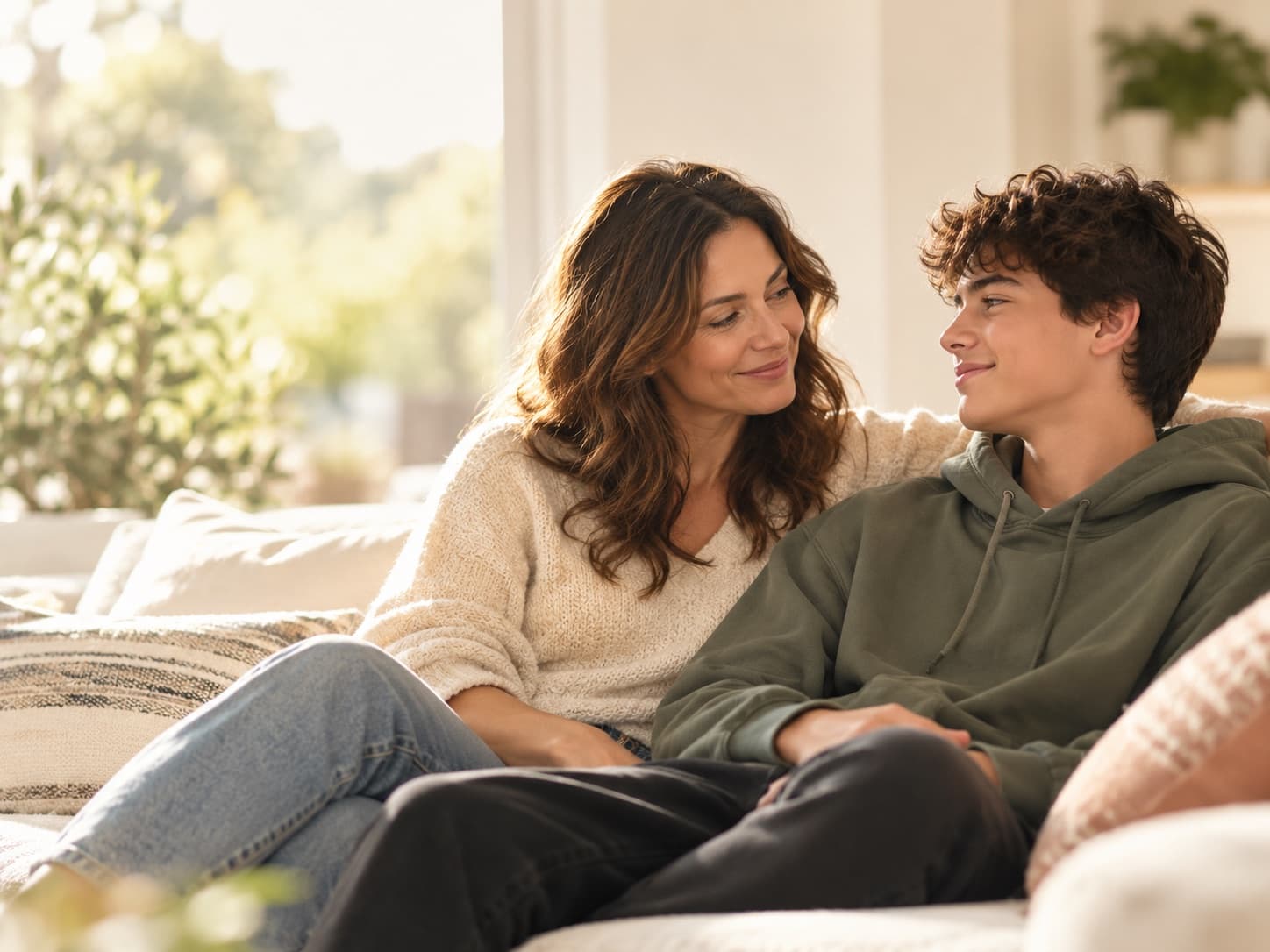 A mother and her teenage son smiling at each other on a sunlit sofa